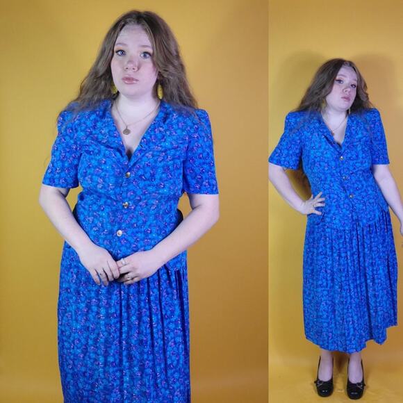 Vintage Blue Purple Floral Blouse and Skirt, 12 - Picture 2 of 4
